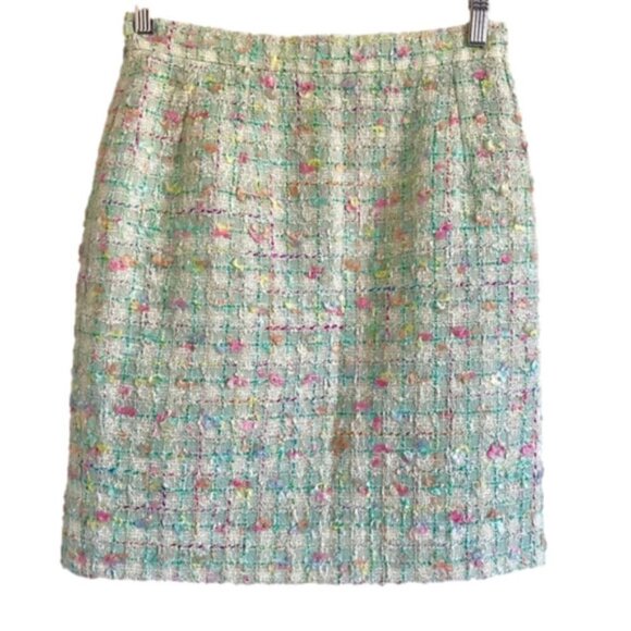 Vintage 90s Emmanuelle Khanh Paris Green Confetti Bouclé Wool Skirt - Small - Picture 3 of 11